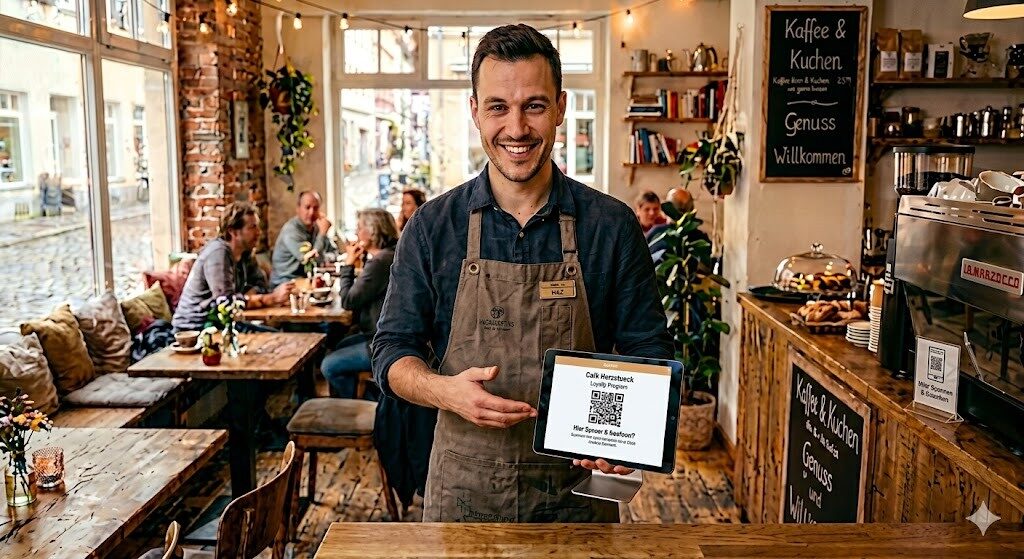Café-Inhaber zeigt seinen Cardit-QR-Code am Tresen