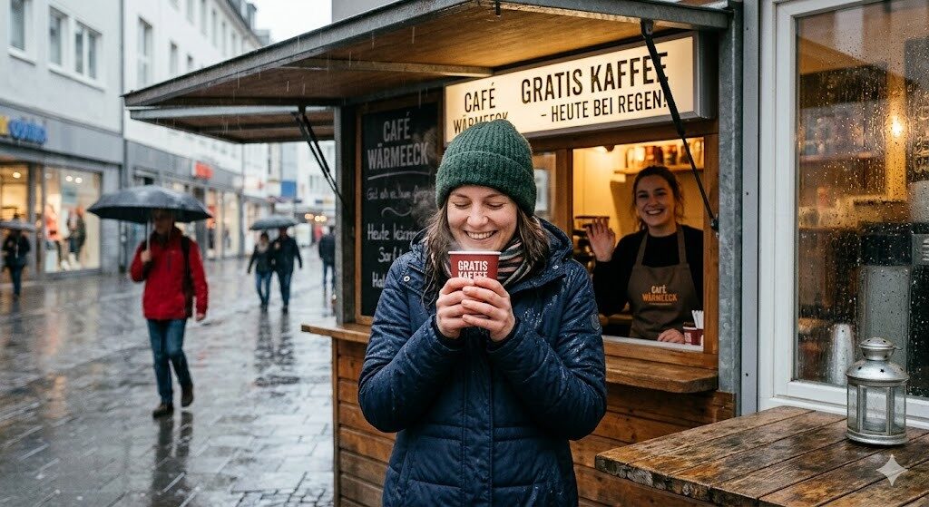 Gast holt sich seinen Gratis-Kaffee bei Regen